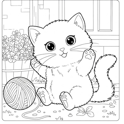 Coloriage de chat avec balle de laine et fleurs