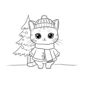 Coloriage de chat en habit d’hiver et sapin de Noël