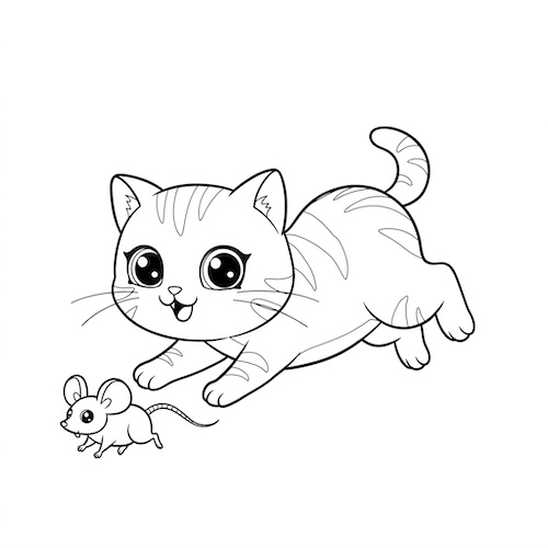 Coloriage de chat courant après une souris