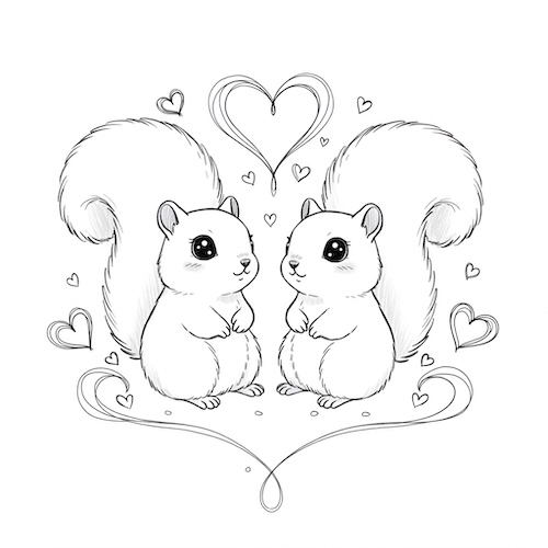 Coloriage d’écureuils amoureux avec cœurs