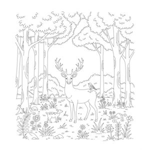Coloriage de cerf en forêt avec arbres, oiseaux et faon