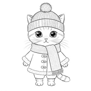 Coloriage de chat mignon avec vêtements d’hiver