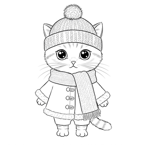 Coloriage de chat mignon avec vêtements d’hiver