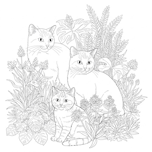 Coloriage de chats dans les plantes