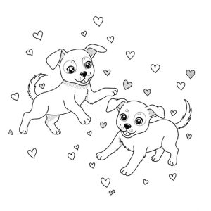 Coloriage de chiens joueurs avec cœurs de Saint-Valentin