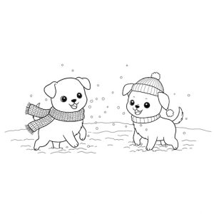 Coloriage de chiots dans la neige avec des foulards et tuques