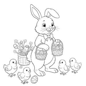 Coloriage de lapin de Pâques et poussins